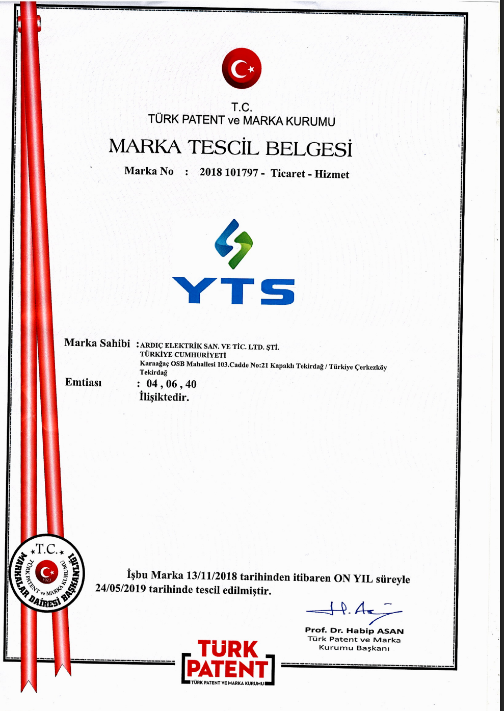 YTS MARKA TESCİL BELGESİ