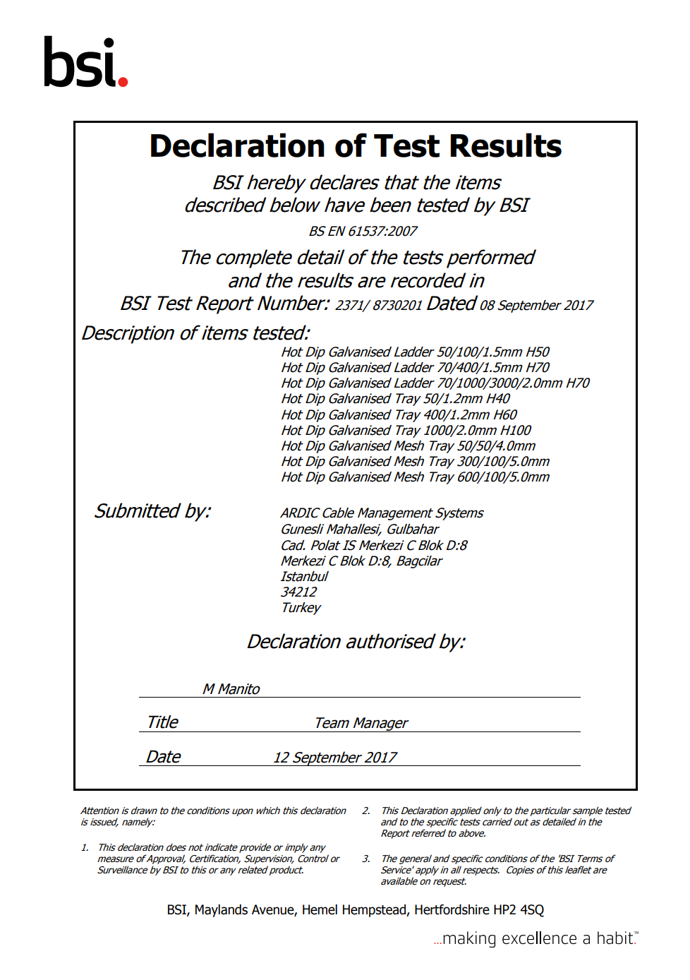 BS EN 61537-2007 DECLARITION OF TEST RESULTS-8730201-2371