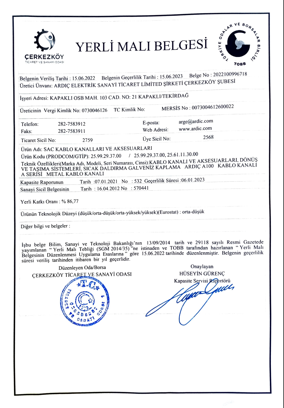 YERLİ MALI BELGESİ