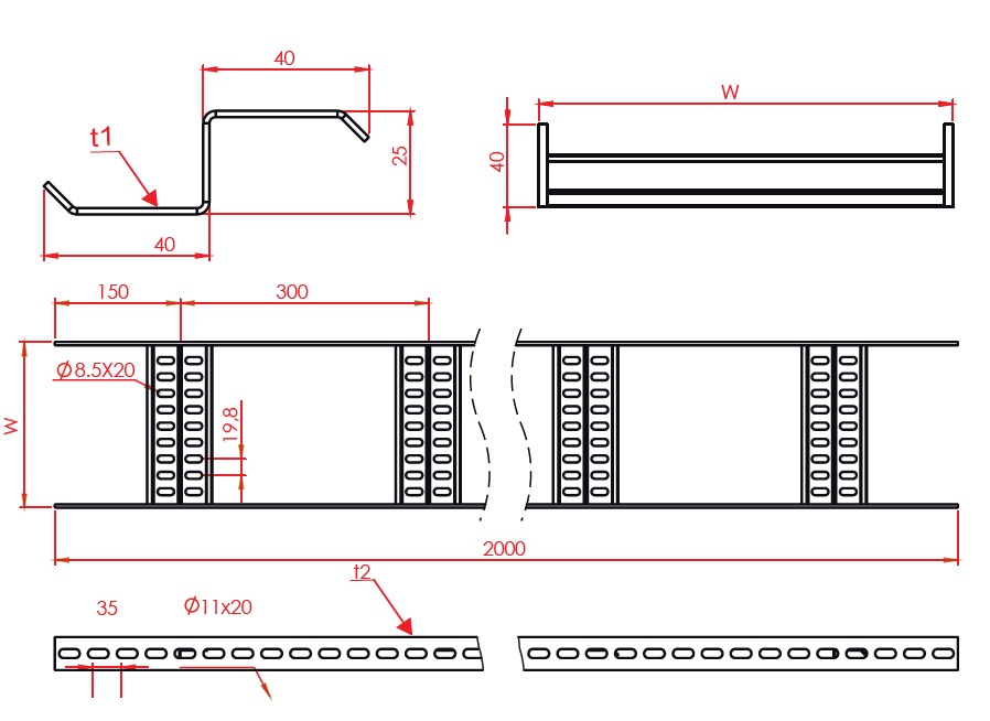 Gemi Tipi Kablo Merdiveni ( S Tipi ) W150mm H40mm T1,5mm L:3000 HDG