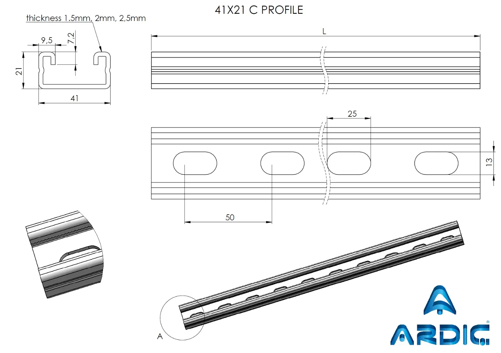 C Profil ( Sırt Delikli ) 41x21 L:3000mm T2mm HDG