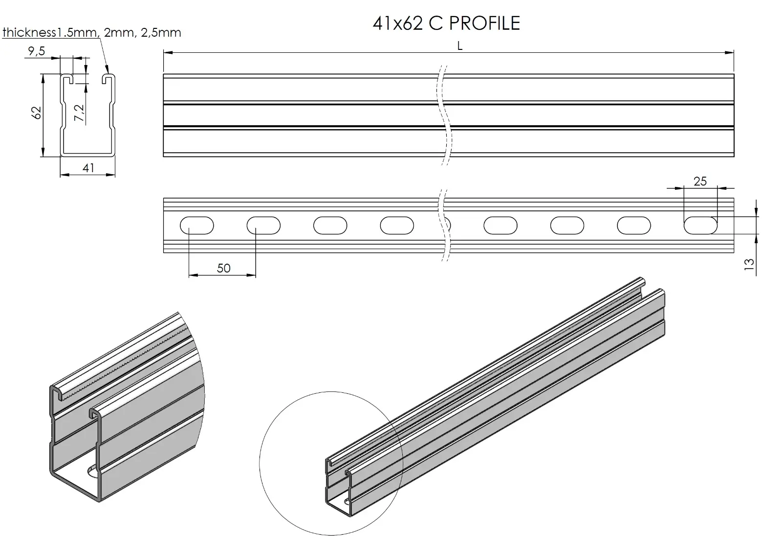 С Образный Профиль ( 1 Перфорация ) 62x41 L:3000mm T1,5mm Горячий Цинк