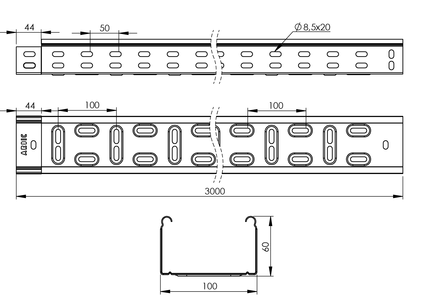 AMF Cable Tray W100mm H60mm T0,6mm L:3000mm PG